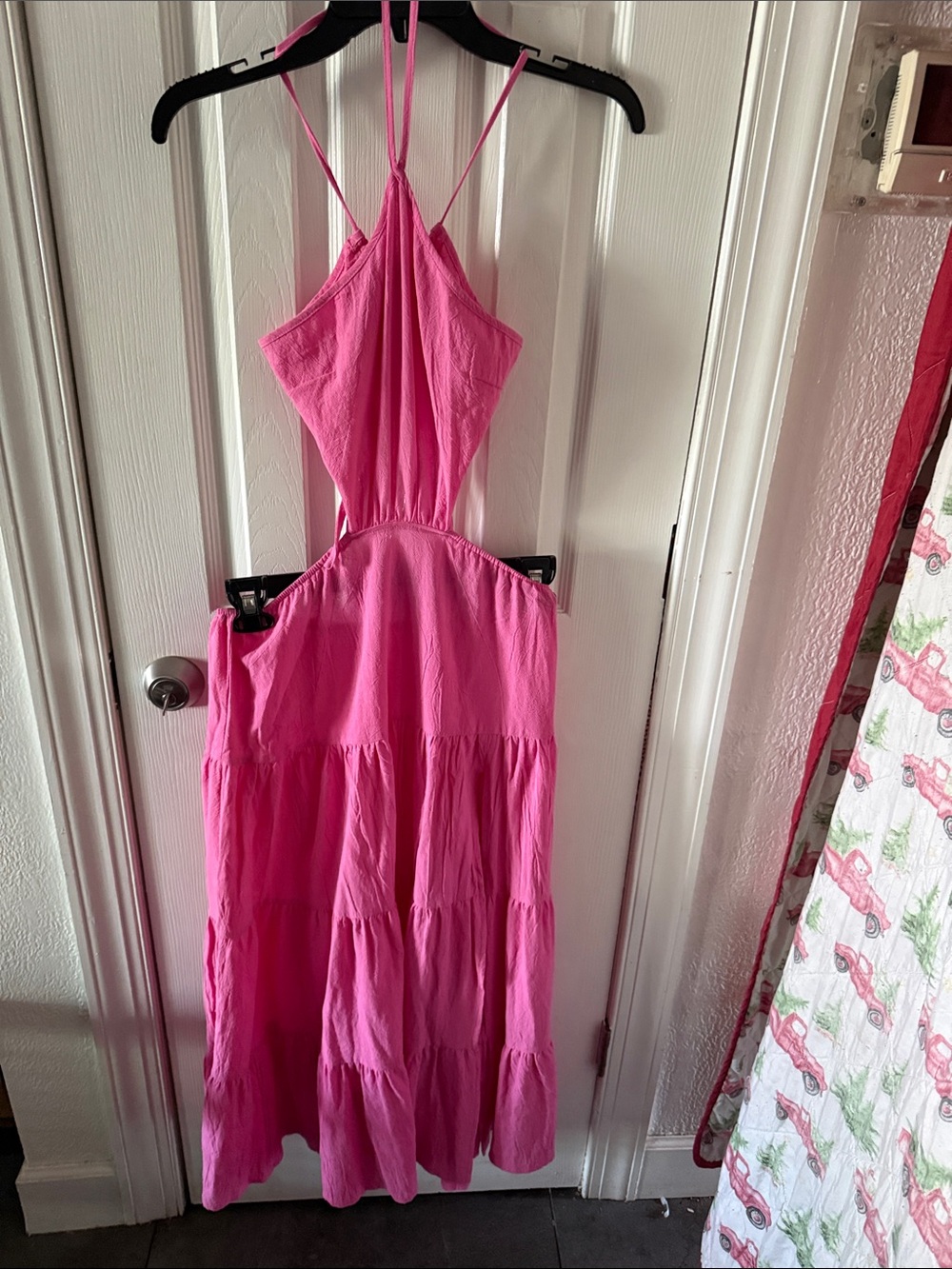 SHEIN Hot Pink Backless Halter Tiered Midi Dress - Picture 10 of 10
